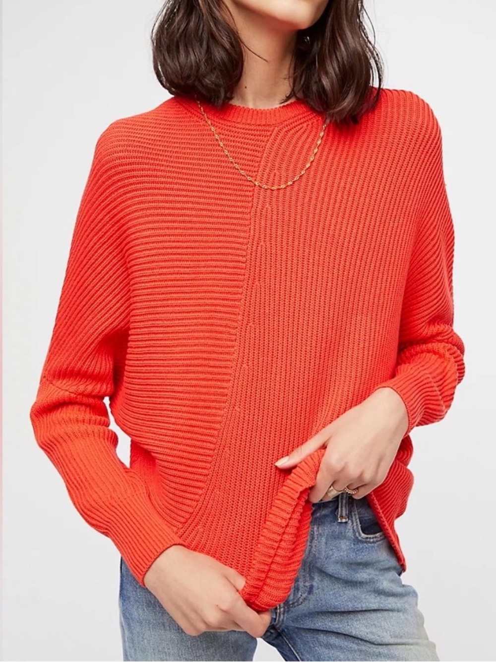 Free People Ribbed Crewneck Sweater - Coral Red